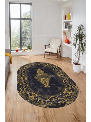 Evdeya Göbekli Klasik Motifli Dijital Kaymaz Yıkanabilir Oval Yolluk Salon Halısı, O-Klasik-28-Gold,