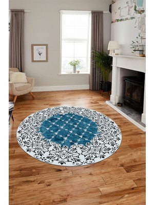 Evdeya Baskılı Kaymaz Yıkanabilir Klasik Desen Yuvarlak Mutfak Salon Halısı, Y-Klasik-04-Mavi,