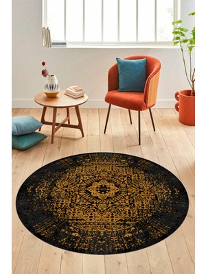 Evdeya Renkli Klasik Dijital Kaymaz Taban Yıkanabilir Yuvarlak Mutfak Salon Halısı, Y-Klasik-12-Sarı,