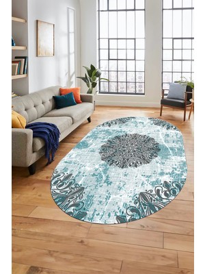 Evdeya Şık Klasik Desen Dijital Kaymaz Taban Yıkanabilir Oval Yolluk Salon Halısı, O-Klasik-19-Mavi,