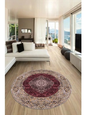 Evdeya Baskılı Kaymaz Yıkanabilir Göbekli Klasik Desen Yuvarlak Salon Halısı, Y-Klasik-07-Bordo,