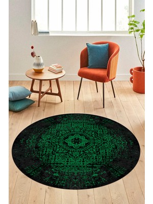 Evdeya Renkli Klasik Dijital Kaymaz Taban Yıkanabilir Yuvarlak Mutfak Salon Halısı, Y-Klasik-12-Yeşil,