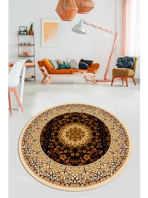 Evdeya Şık Klasik Desen Dijital Kaymaz Taban Yıkanabilir Yuvarlak Mutfak Salon Halısı, Y-Klasik-14-Kahve,