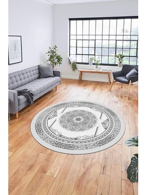 Evdeya Modern Klasik Dijital Kaymaz Taban Yıkanabilir Yuvarlak Mutfak Salon Halısı, Y-Klasik-17-Gri,
