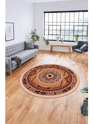 Evdeya Modern Klasik Dijital Kaymaz Taban Yıkanabilir Yuvarlak Mutfak Salon Halısı, Y-Klasik-17-Bordo,