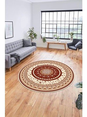Evdeya Göbekli Klasik Dijital Kaymaz Taban Yıkanabilir Yuvarlak Mutfak Salon Halısı, Y-Klasik-18-Bordo,