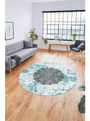 Evdeya Şık Tasarım Klasik Dijital Kaymaz Taban Yıkanabilir Yuvarlak Salon Halısı, Y-Klasik-19-Mavi,