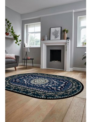 Evdeya Şık Klasik Dijital Kaymaz Taban Yıkanabilir Oval Yolluk Mutfak Salon Halısı, O-Klasik-14-Mavi,