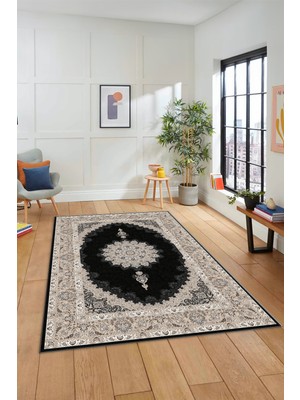 Evdeya Dijital Kaymaz Yıkanabilir Göbekli Klasik Desen Mutfak Salon Halısı, Klasik-03-Antrasit,