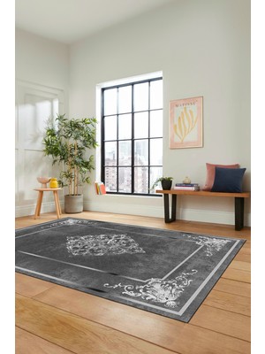 Evdeya Dijital Kaymaz Yıkanabilir Çerçeveli Klasik Desen Yolluk Mutfak Salon Halısı, Klasik-05-Antrasit,