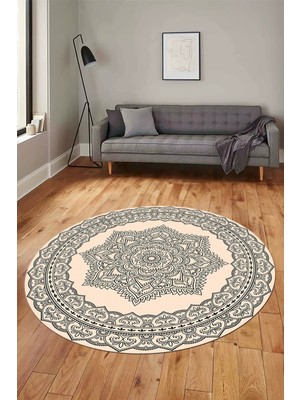 Evdeya Şık Göbekli Klasik Motif Dijital Kaymaz Yıkanabilir Yuvarlak Mutfak Salon Halısı, Y-Klasik-30-Krem,