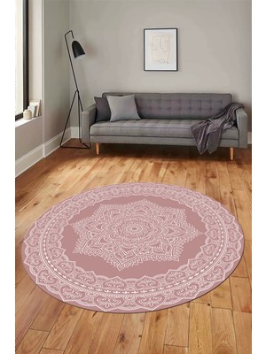 Evdeya Şık Göbekli Klasik Motif Dijital Kaymaz Yıkanabilir Yuvarlak Mutfak Salon Halısı, Y-Klasik-30-Pembe,