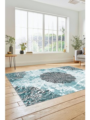 Evdeya Şık  Klasik Desen Dijital Kaymaz Taban Yıkanabilir Yolluk Mutfak Salon Halısı, Klasik-19-Mavi,