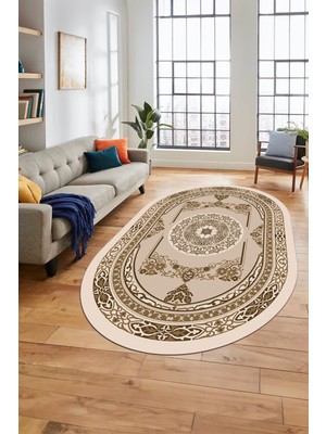 Evdeya Modern Klasik Dijital Kaymaz Taban Yıkanabilir Oval Yolluk Salon Halısı, O-Klasik-17-Kahve,