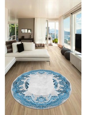 Evdeya Baskılı Kaymaz Yıkanabilir Renkli Klasik Desen Yuvarlak Salon Halısı, Y-Klasik-08-Mavi,