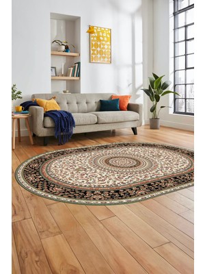 Evdeya Klasik Desenli Dijital Kaymaz Yıkanabilir Oval Yolluk Koridor Salon Halısı, O-Klasik-21-Krem,