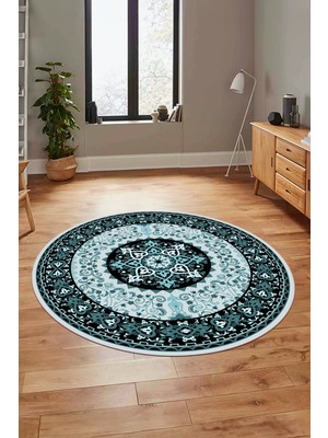 Evdeya Renkli Klasik Motifli Dijital Kaymaz Yıkanabilir Yuvarlak Mutfak Salon Halısı, Y-Klasik-27-Mavi,