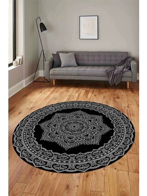 Evdeya Şık Göbekli Klasik Motif Dijital Kaymaz Yıkanabilir Yuvarlak Mutfak Salon Halısı, Y-Klasik-30-Siyah,