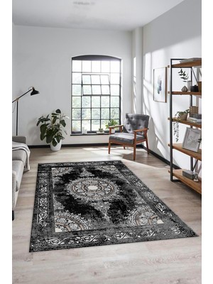 Evdeya Göbekli Klasik Desen Dijital Kaymaz Yıkanabilir Yolluk Mutfak Salon Halısı, Klasik-25-Siyah,