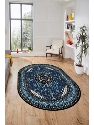 Evdeya Renkli Klasik Desen Dijital Kaymaz Yıkanabilir Oval Yolluk Salon Halısı, O-Klasik-26-Lacivert,