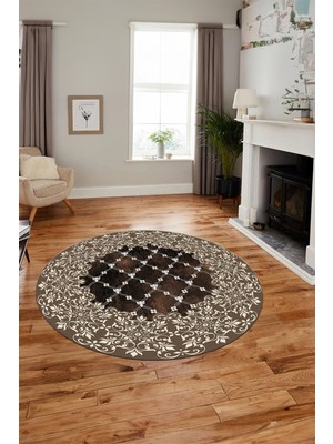 Evdeya Baskılı Kaymaz Yıkanabilir Klasik Desen Yuvarlak Mutfak Salon Halısı, Y-Klasik-04-Kahve,