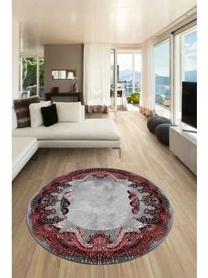 Evdeya Baskılı Kaymaz Yıkanabilir Renkli Klasik Desen Yuvarlak Salon Halısı, Y-Klasik-08-Bordo,