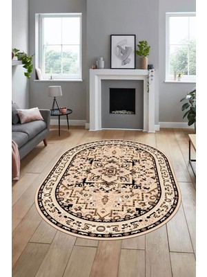 Evdeya Baskılı Kaymaz Yıkanabilir Klasik Desen Oval Yolluk Mutfak Salon Halısı, O-Klasik-10-Siyah,