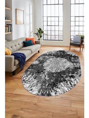 Evdeya Şık Klasik Desen Dijital Kaymaz Taban Yıkanabilir Oval Yolluk Salon Halısı, O-Klasik-19-Antrasit,