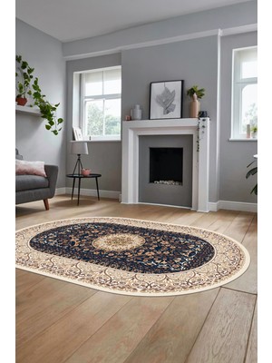 Evdeya Şık Klasik Dijital Kaymaz Taban Yıkanabilir Oval Yolluk Mutfak Salon Halısı, O-Klasik-14-Krem,