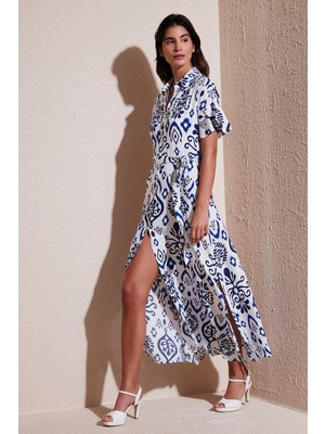 Lela Desenli Yırtmaçlı Gömlek Yaka Maxi Elbise Kadın Elbise 611EL502