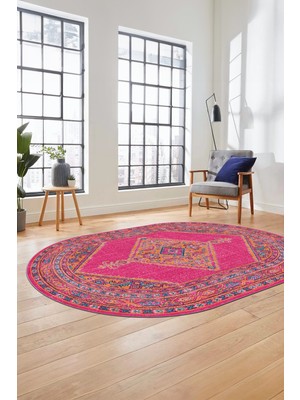 Evdeya Baskılı Kaymaz Yıkanabilir Göbekli Klasik Yolluk Oval Mutfak Salon Halısı, O-Klasik-06-Mavi,