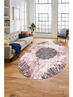 Evdeya Şık Klasik Desen Dijital Kaymaz Taban Yıkanabilir Oval Yolluk Salon Halısı, O-Klasik-19-Pembe,