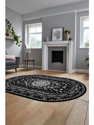 Evdeya Şık Klasik Dijital Kaymaz Taban Yıkanabilir Oval Yolluk Mutfak Salon Halısı, O-Klasik-14-Antrasit,