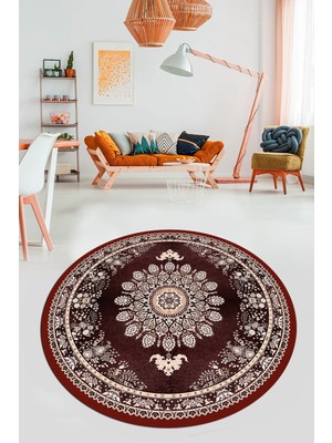 Evdeya Klasik Desen Dijital Kaymaz Taban Yıkanabilir Yuvarlak Mutfak Salon Halısı, Y-Klasik-13-Bordo,