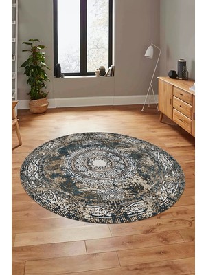 Evdeya Göbekli Klasik Desen Dijital Kaymaz Yıkanabilir Yuvarlak Mutfak Salon Halısı, Y-Klasik-25-Mavi,