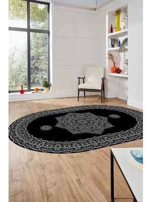 Evdeya Şık Göbekli Klasik Motifli Dijital Kaymaz Yıkanabilir Oval Yolluk Salon Halısı, O-Klasik-30-Siyah,
