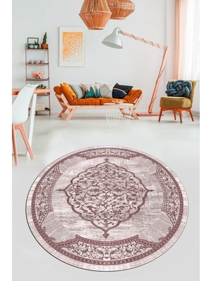 Evdeya Zarif Klasik Desen Dijital Kaymaz Taban Yıkanabilir Yuvarlak Mutfak Salon Halısı, Y-Klasik-15-Pembe,