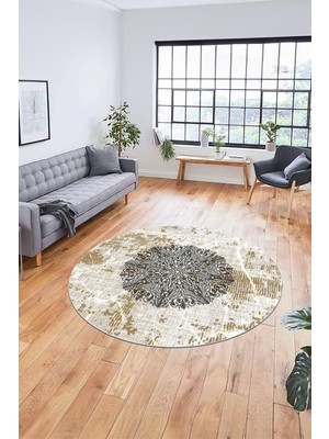 Evdeya Şık Tasarım Klasik Dijital Kaymaz Taban Yıkanabilir Yuvarlak Salon Halısı, Y-Klasik-19-Kahve,