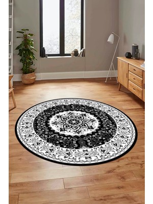 Evdeya Renkli Klasik Motifli Dijital Kaymaz Yıkanabilir Yuvarlak Mutfak Salon Halısı, Y-Klasik-27-Antrasit,