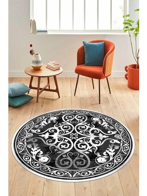 Evdeya Baskılı Kaymaz Yıkanabilir Klasik Desenli Yuvarlak Mutfak Salon Halısı, Y-Klasik-09-Antrasit,