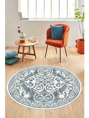 Evdeya Baskılı Kaymaz Yıkanabilir Klasik Desenli Yuvarlak Mutfak Salon Halısı, Y-Klasik-09-Mavi,