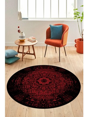 Evdeya Renkli Klasik Dijital Kaymaz Taban Yıkanabilir Yuvarlak Mutfak Salon Halısı, Y-Klasik-12-Bordo,