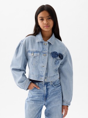 Gap Kız Çocuk Mavi Çiçek Aplikeli Cropped Icon Denim Ceket