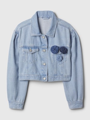 Gap Kız Çocuk Mavi Çiçek Aplikeli Cropped Icon Denim Ceket