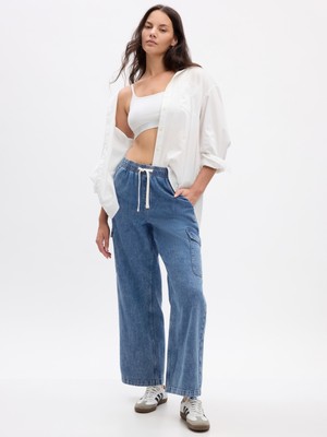 Gap Kadın Koyu Mavi High Rise Wide-Leg Pull-On Jean Pantolon