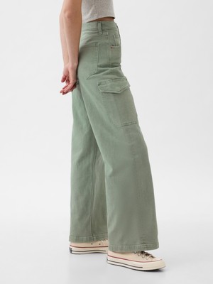 Gap Kadın Yeşil High Rise Stride Wide-Leg Kargo Ankle Jean Pantolon