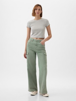 Gap Kadın Yeşil High Rise Stride Wide-Leg Kargo Ankle Jean Pantolon