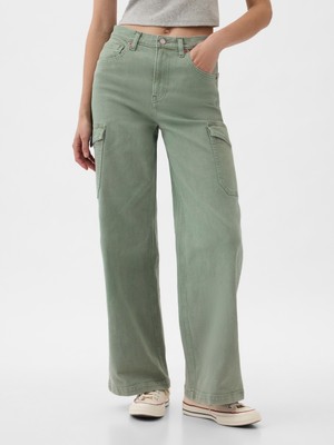 Gap Kadın Yeşil High Rise Stride Wide-Leg Kargo Ankle Jean Pantolon