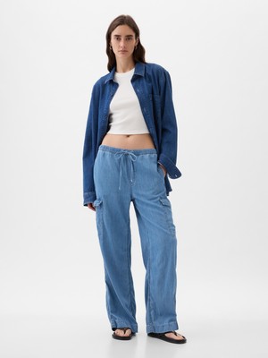 Gap Kadın Mavi High Rise Pull-On Kargo Jean Pantolon