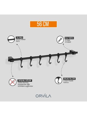 Orvila Siyah Metal Mutfak ve Banyo Askısı 6 Kancalı Askı Demiri 56 cm Çubuk